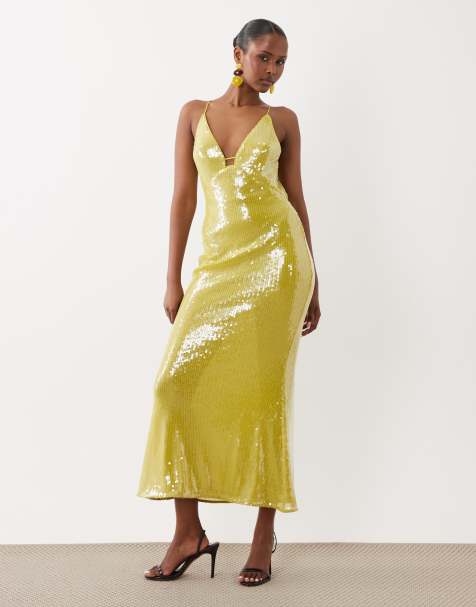 ASOS DESIGN - Vestito lungo con scollo profondo ad apice alto in paillettes effetto vetro color lime - view 1