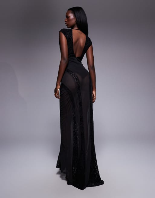 ASOS DESIGN - Vestito lungo con scollo profondo e gonna trasparente in pizzo e velluto nero con schiena scoperta, 3 di 4