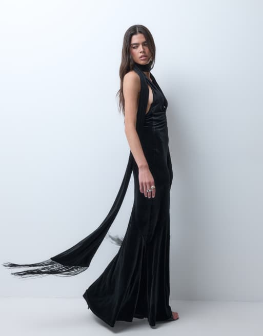 ASOS DESIGN vestito lungo con scollo profondo e sciarpa con frange, nero, 3 di 5
