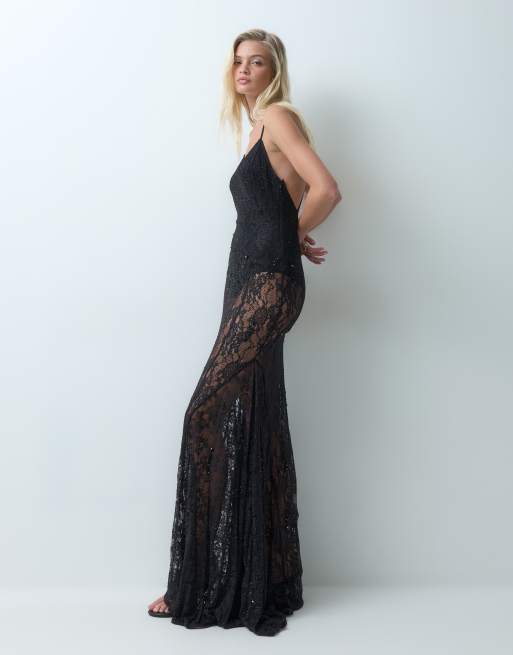 ASOS DESIGN vestito lungo con scollo profondo, pizzo e applicazioni hotfix, con schiena bassa, nero, 2 di 5