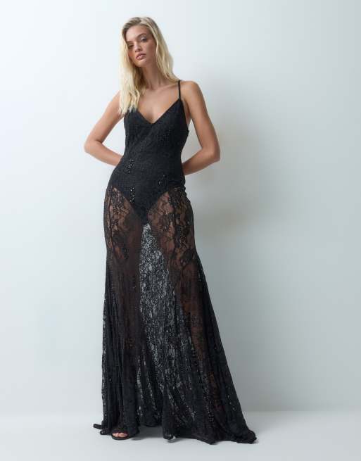 ASOS DESIGN vestito lungo con scollo profondo, pizzo e applicazioni hotfix, con schiena bassa, nero, 4 di 5