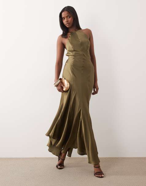 ASOS DESIGN - Vestito lungo con spalline sottili aperto dietro color kaki tenue con cuciture - view 1