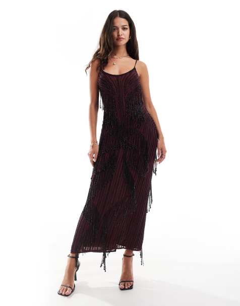 ASOS DESIGN - Vestito lungo con spalline sottili bordeaux decorato con perline - view 1