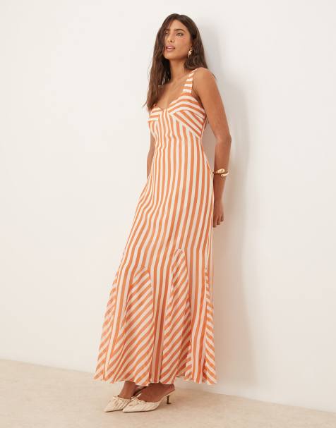 ASOS DESIGN - Vestito lungo con spalline sottili color ruggine con godet sul fondo e stampa a righe divisa - view 1
