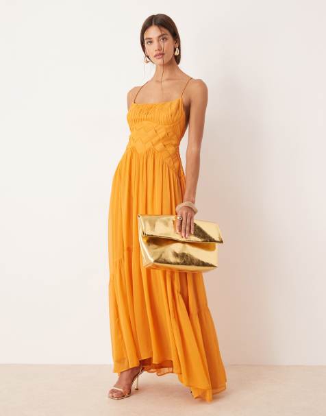 ASOS DESIGN - Vestito lungo con spalline sottili e bustino arricciato con dettaglio a reticolo in vita arancione - view 1