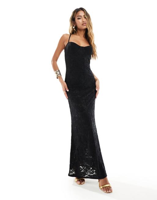 ASOS DESIGN - Vestito lungo con spalline sottili e bustino con coppe preformate nero con motivo dévoré semitrasparente