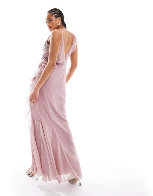 ASOS DESIGN - Vestito lungo con spalline sottili e scollo ad anello rosa con decorazioni floreali e volant, 3 di 4
