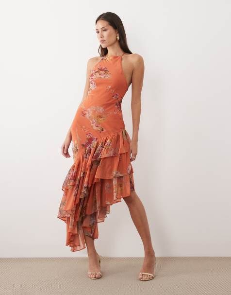 ASOS DESIGN - Vestito lungo con spalline sottili e volant sul fondo arancione a fiori - view 1