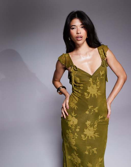 ASOS DESIGN - Vestito lungo con spalline sottili e volant verde oliva, 2 di 4