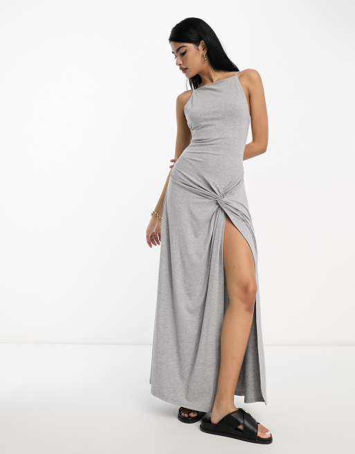 ASOS DESIGN - Vestito lungo con spalline sottili grigio mélange con dettaglio incrociato