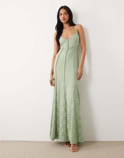 ASOS DESIGN - Vestito lungo con spalline sottili in pizzo verde salvia con godet e cuciture a vista - view 1