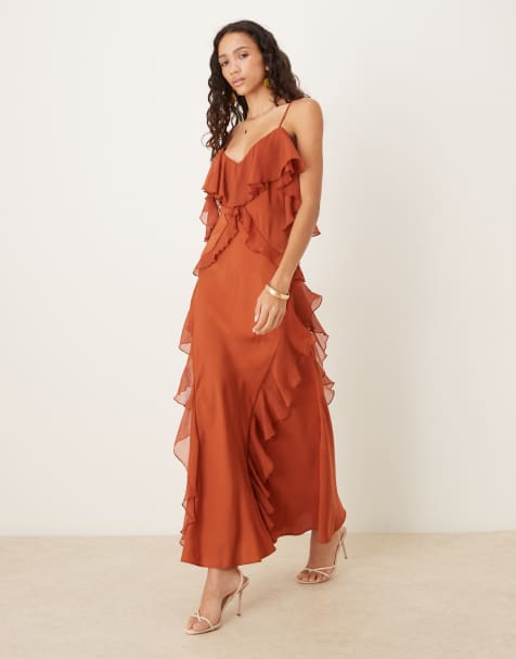 ASOS DESIGN - Vestito lungo con spalline sottili in raso marrone cannella slavato con volant in misto chiffon e fondo a ruota - view 1