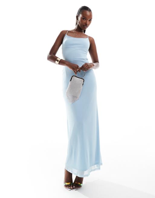 ASOS DESIGN - Vestito lungo con spalline sottili in rete celeste con incrocio sul retro