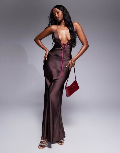 ASOS DESIGN - Vestito lungo con spalline sottili marrone moka con taglio sbieco e laccetti a contrasto - view 1