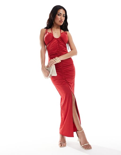 ASOS DESIGN - Vestito lungo con spalline sottili rosso con lacci e arricciature