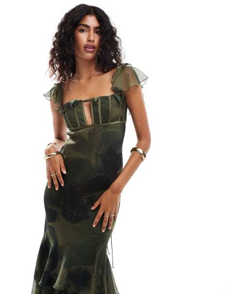 ASOS DESIGN - Vestito lungo con spalline sottili verde a fiori con bustino stile corsetto e volant - view 1