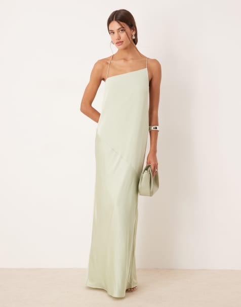 ASOS DESIGN - Vestito lungo con spalline sottili verde salvia in raso e chiffon drappeggiato - view 1