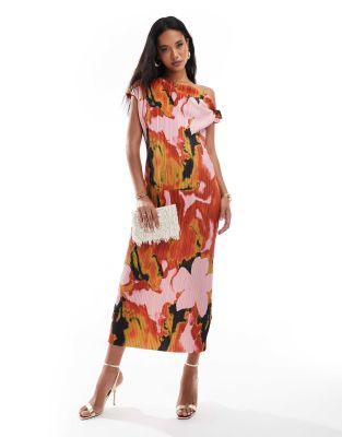ASOS DESIGN - Vestito lungo con stampa a fiori astratta con spalle scese plissé con dettaglio incrociato