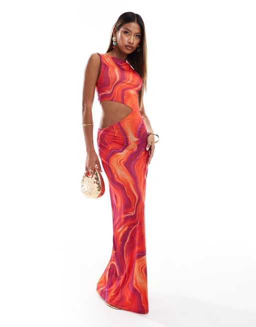 ASOS DESIGN - Vestito lungo con stampa multicolore a fiori e cut-out