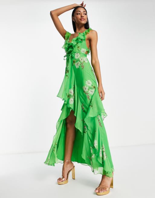 ASOS DESIGN - Vestito lungo con taglio asimmetrico e volant con stampa a fiori