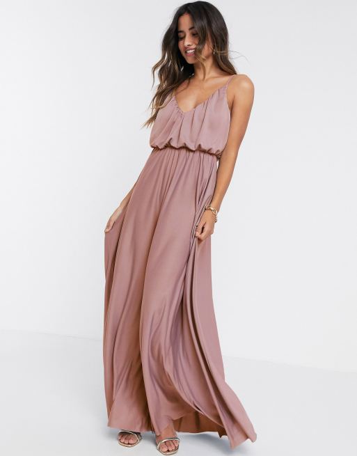 ASOS DESIGN - Vestito lungo con top sblusato con scollo profondo e spalline sottili rosa