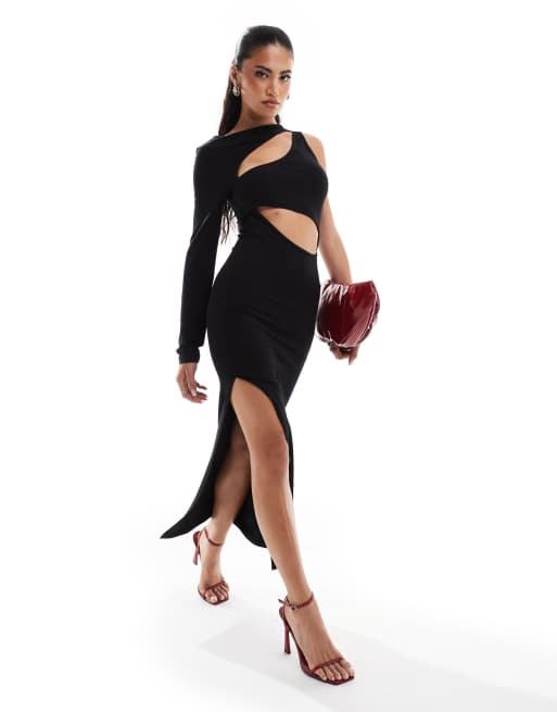 ASOS DESIGN Vestito lungo con una manica nero con cut-out ASOS