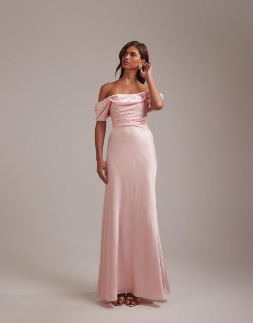 ASOS DESIGN - Vestito lungo da cerimonia in raso rosa con scollo alla Bardot, 5 di 5
