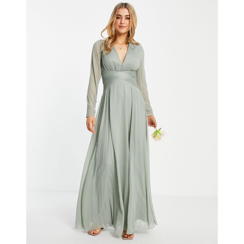 Vestiti lunghi Donna DESIGN - Vestito lungo da damigella a maniche lunghe con vita arricciata e gonna a pieghe color oliva