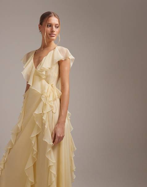 ASOS DESIGN - Vestito lungo da damigella a portafoglio giallo con volant - view 1