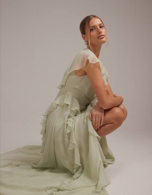ASOS DESIGN - Vestito lungo da damigella a portafoglio verde salvia con volant, 5 di 6