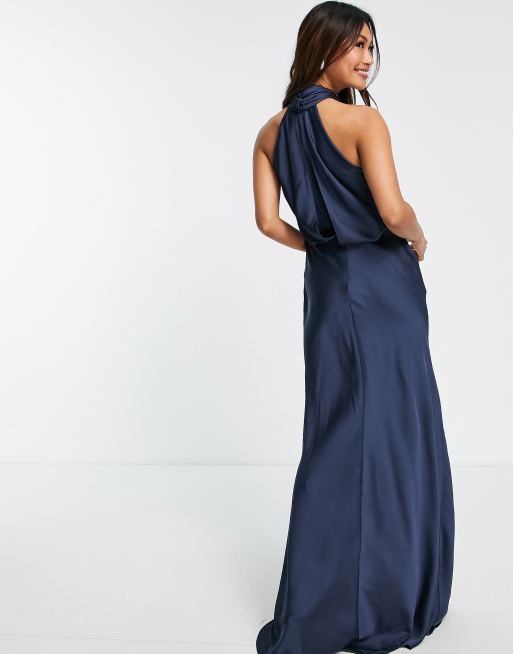 ASOS DESIGN - Vestito lungo da damigella allacciato al collo con arricciature in raso blu petrolio, 2 di 4