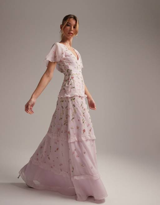 ASOS DESIGN - Vestito lungo da damigella avvolgente con maniche con volant rosa chiaro con ricami e decorazioni , 4 di 5
