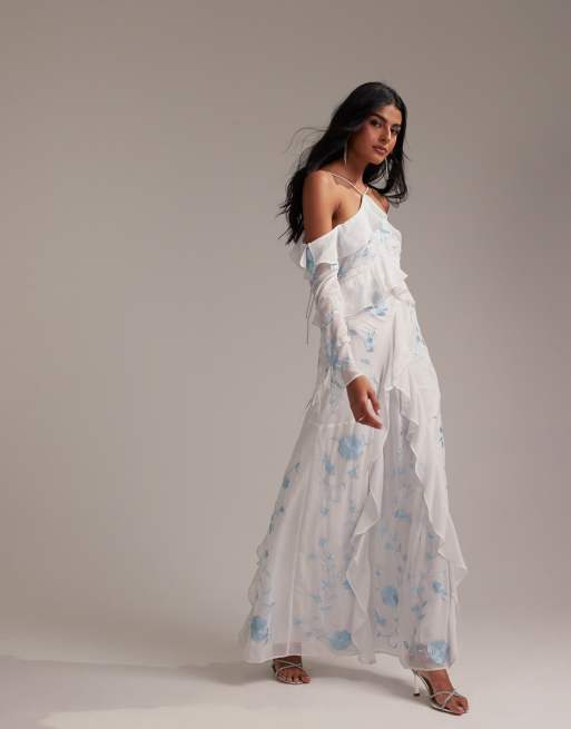 ASOS DESIGN - Vestito lungo da damigella azzurro con volant e spalle scoperte, 4 di 5
