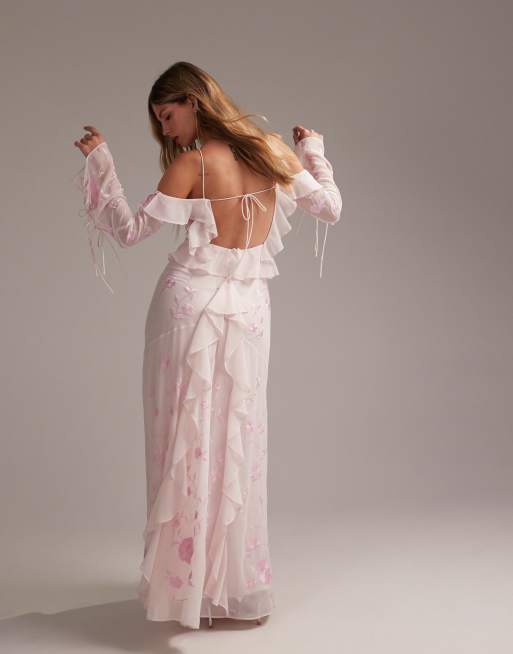 ASOS DESIGN - Vestito lungo da damigella color rosa tenue con volant e spalle scoperte, 3 di 5