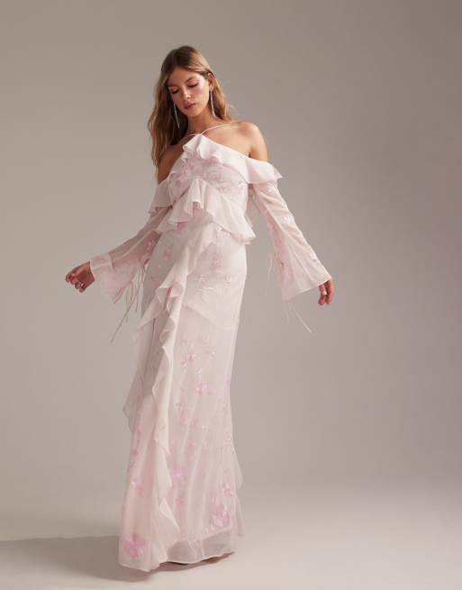 ASOS DESIGN - Vestito lungo da damigella color rosa tenue con volant e spalle scoperte, 5 di 5
