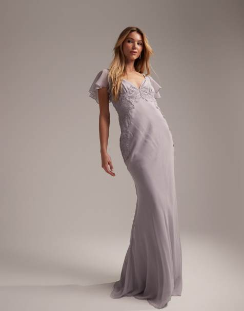 ASOS DESIGN - Vestito lungo da damigella con maniche con volant e finiture in pizzo con gonna con taglio sbieco color lilla - view 1