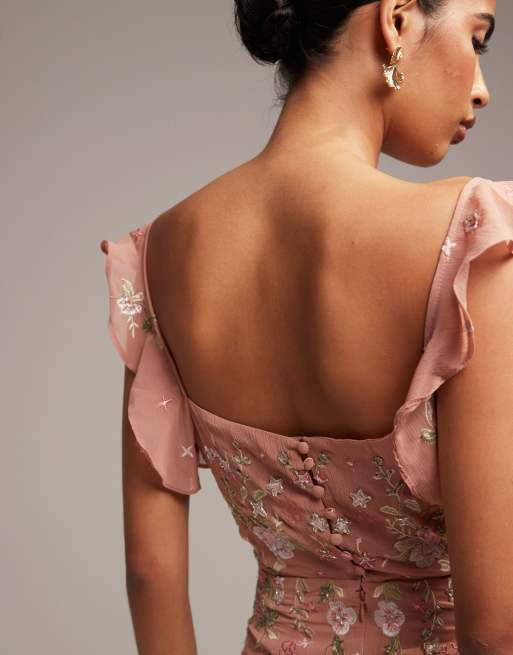 ASOS DESIGN - Vestito lungo da damigella con spalline sottili rosa decorato con ricami, 3 di 5