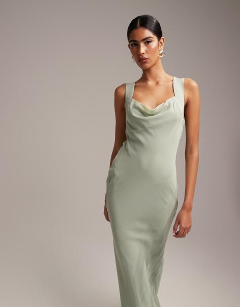ASOS DESIGN - Vestito lungo da damigella con taglio sbieco e laccetti sul retro verde salvia - view 1