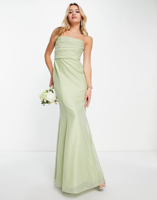 ASOS DESIGN - Vestito lungo da damigella drappeggiato con corsetto color verde salvia