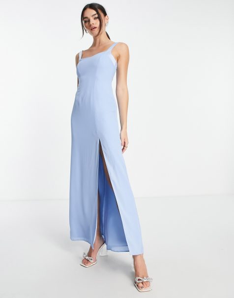 ASOS DESIGN - Vestito lungo da damigella in raso blu polvere con scollo arrotondato e spacco - view 1