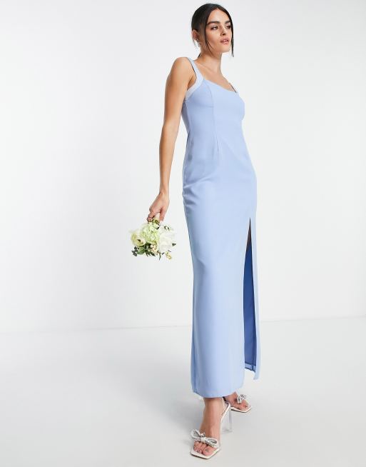 ASOS DESIGN - Vestito lungo da damigella in raso blu polvere con scollo arrotondato e spacco, 4 di 4