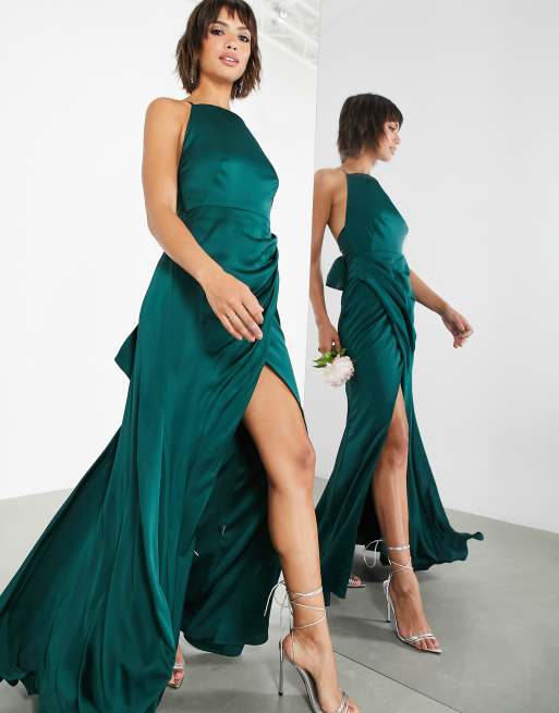 ASOS DESIGN - Vestito lungo da damigella in raso con scollo squadrato e spacco laterale verde bosco, 2 di 4