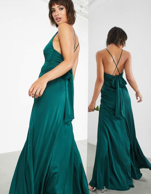 ASOS DESIGN - Vestito lungo da damigella in raso con scollo squadrato e spacco laterale verde bosco, 4 di 4
