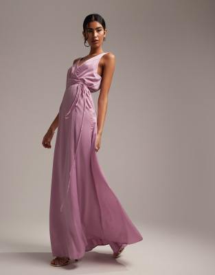 ASOS DESIGN - Vestito lungo da damigella in raso lilla avvolgente con laccetti - view 1