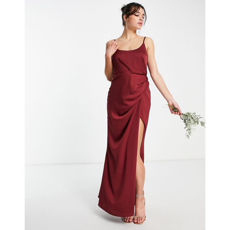 Vestiti Donna DESIGN - Vestito lungo da damigella rosso vino con gonna drappeggiata e spalline sottili 