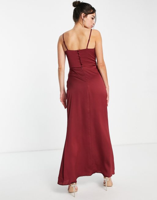 ASOS DESIGN - Vestito lungo da damigella rosso vino con gonna drappeggiata e spalline sottili , 2 di 4