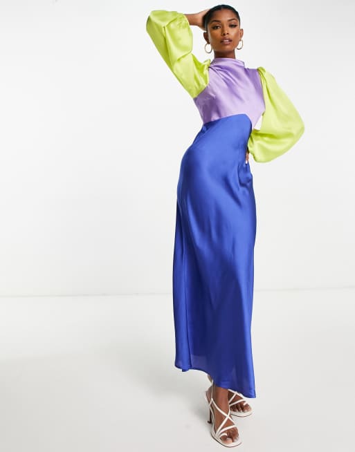 ASOS DESIGN - Vestito lungo da giorno accollato in raso color block