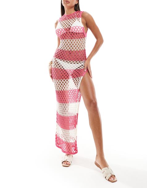 ASOS DESIGN - Vestito lungo da spiaggia senza maniche traforato a righe rosa e color crema - view 1