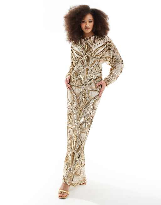 ASOS DESIGN - Vestito lungo decorato color oro con maniche ad ali di pipistrello