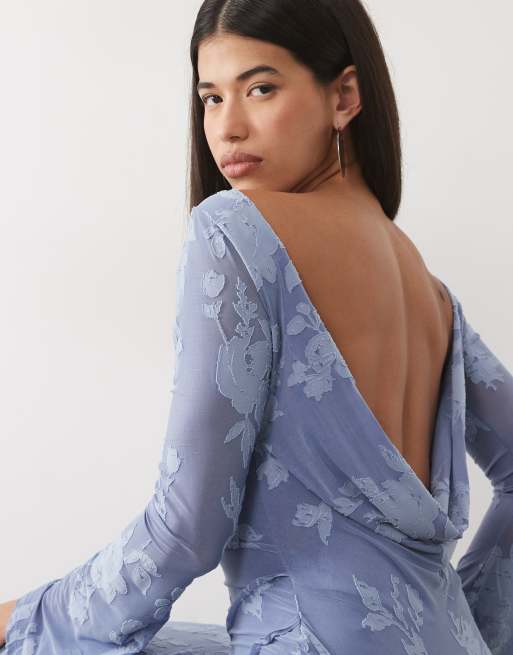 ASOS DESIGN vestito lungo devoré a maniche lunghe con schiena scoperta a fiori blu, 3 di 4